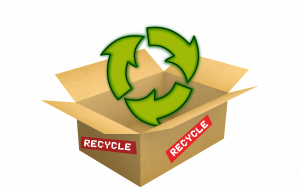 Brown recycled cardboard box with green recycing symbol around it