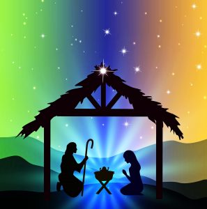 nativity scene for christmas colourful sky with stars mary joseph and jesus in crib