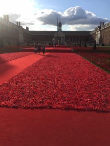 Chelsea Military Hospital with thousands of poppies like a carpet made of wool