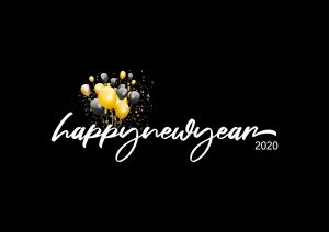 black background white italic writing Happy New Year 2020 balloons in background