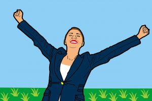 Free and happy suited business woman celebrating with arms stretched