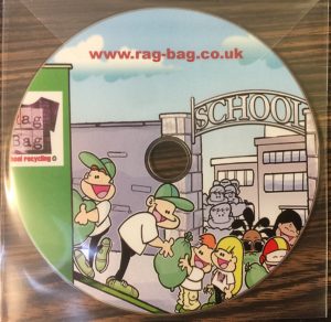 cd with cartoon characters loading bags of rags for recycling on to a lorry