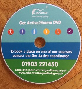 Blue and Green striped DVD with council of Adur & Worthing logo and text about getting active with phone number to call