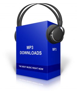 black headphones on MP3 blue box symbolising digital download