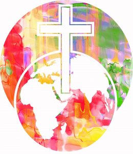 Easter cross white in front of two globes of world in pastel colours
